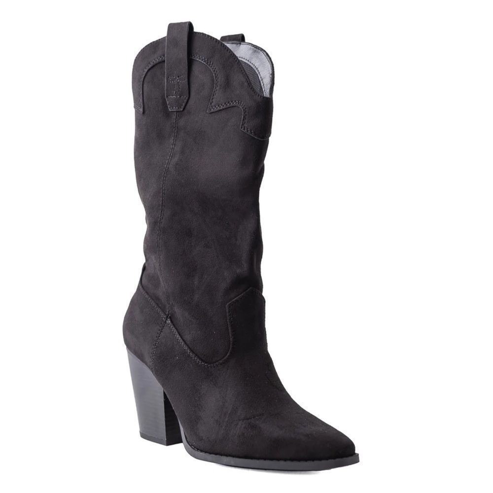 Black Cowboy Western Faux Suede Boot - Picture 6 of 8